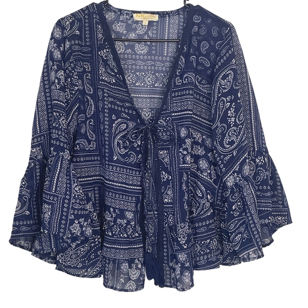 Womens‎ Paisley Bandana Bell Sleeve Top M Navy Boho Peplum Festival